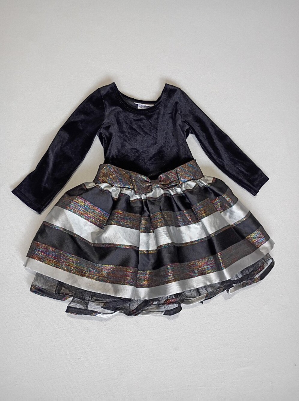 Bonnie Jean Sz 2T Party Dress Velvet Bodice Rainbow Bow Silver Black Ruffled